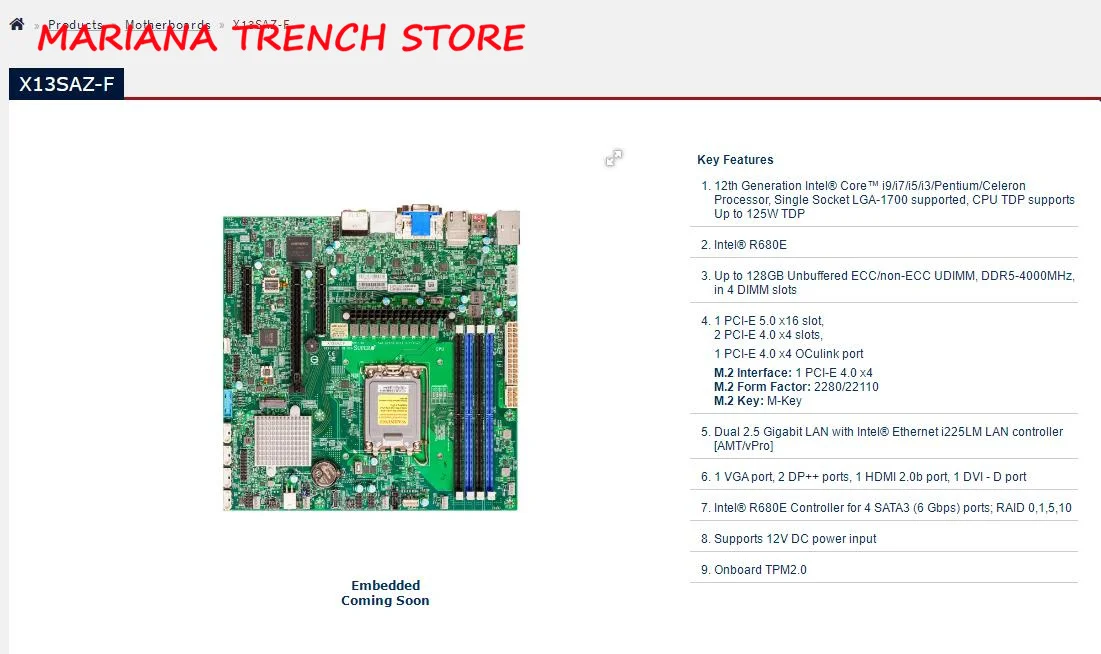 X13SAZ-F R680E for Supermicro Embedded Motherboard 12th Generation Core i9/i7/i5/i3 LGA-1700 DDR5-4000MHz Dual 2.5 Gigabit LAN