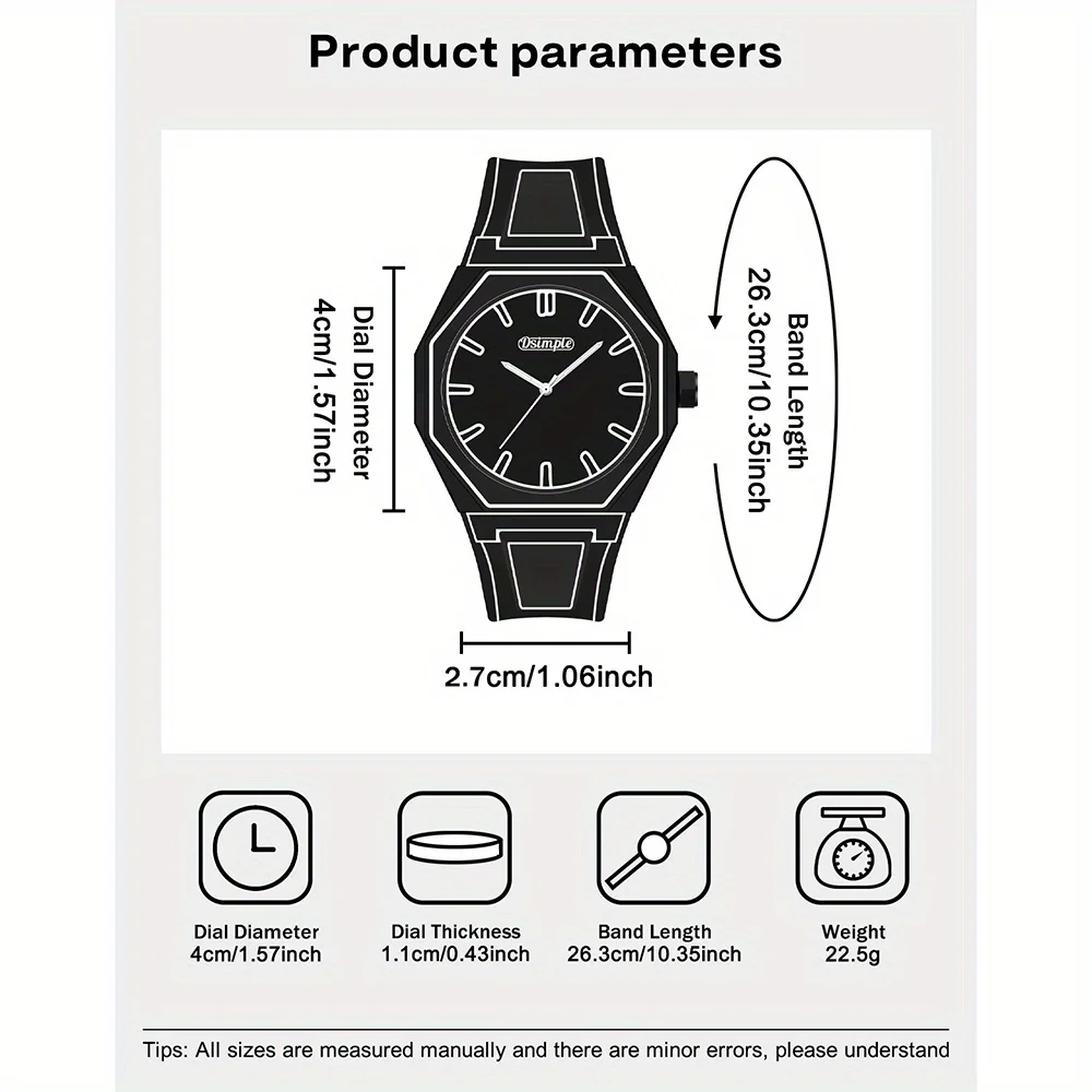 Relógio de pulso de quartzo estilo formal – Mostrador redondo, unidade eletrônica, pulseira de silicone, unissex, presentes de feriado (caixa de presente não incluída)