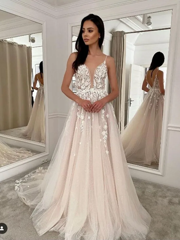 

Beach Tulle Spaghetti Strap Deep V Neck Wedding Dress 2024 Lace Appliques Sparkly Backless A Line Bridal Gowns vestidos de novia