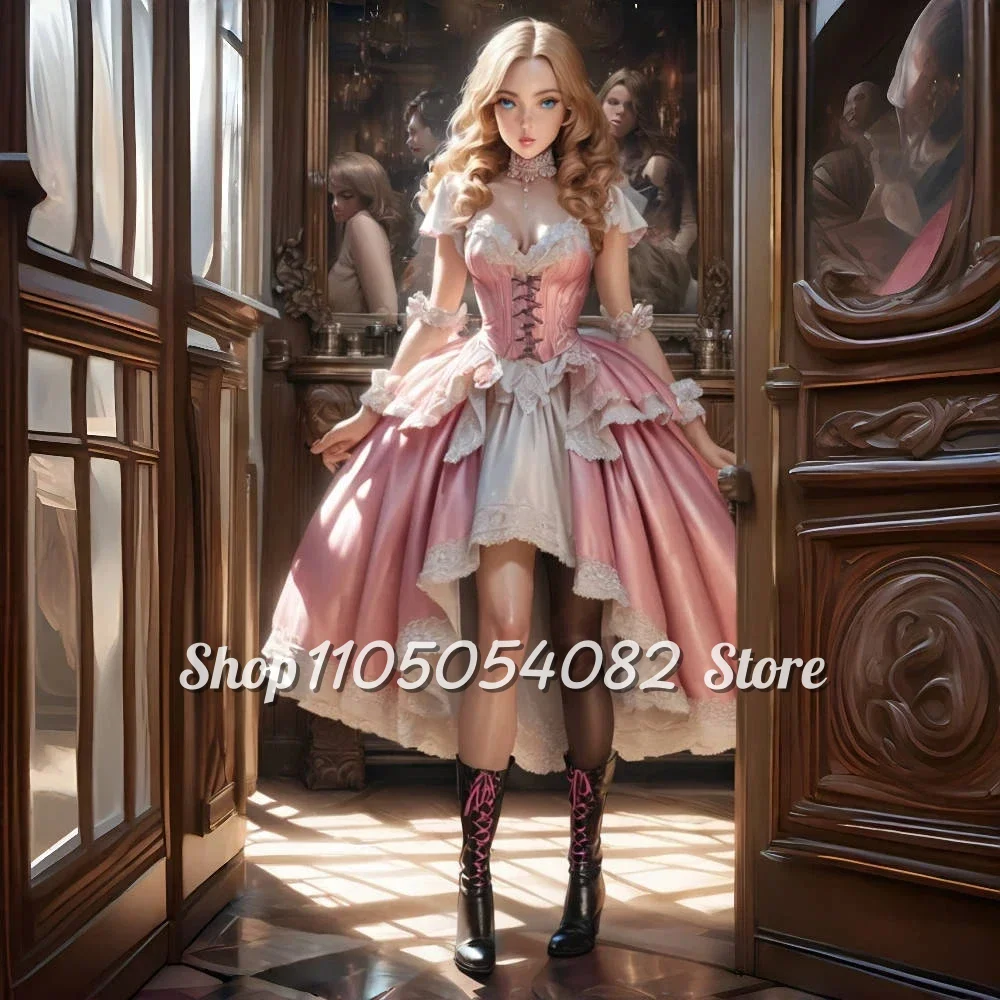 

Customized Short Victorian Sweetheart Prom Dresses Short Sleeve V-Neck Lace Insert Corset Corset Asymmetric Hem Evening Dresses