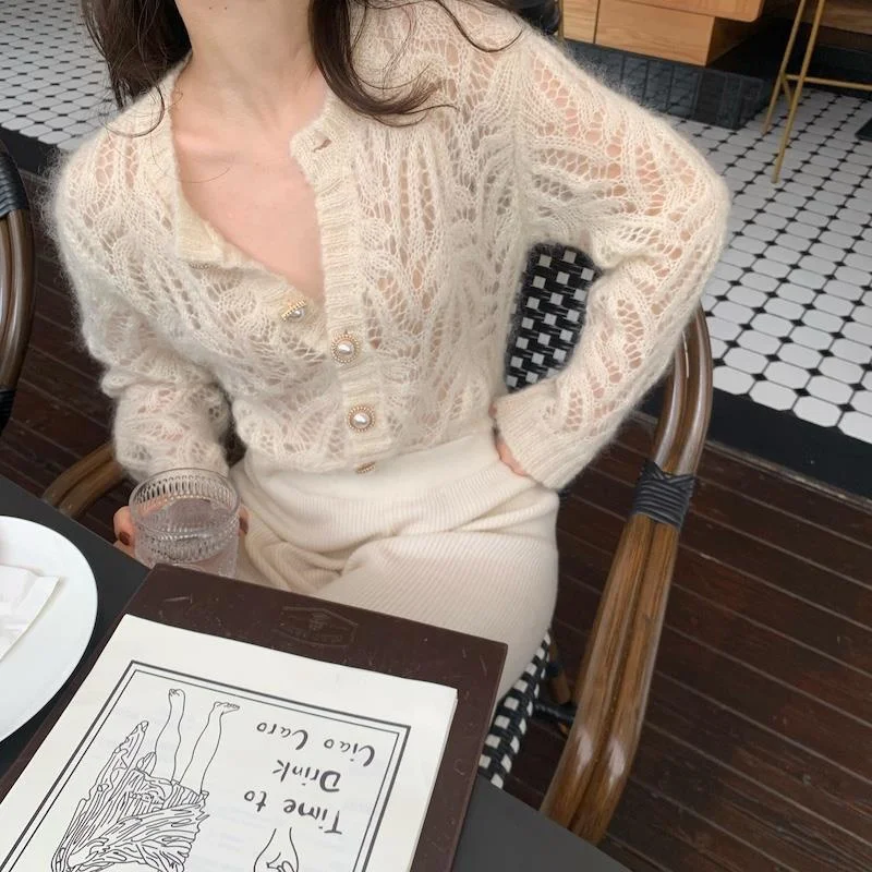 Vintage Elegant Female Cardigans Summer Long Sleeve Women Knitted Cardigan Spring Sweater 2023 Fashion Hollow Out Sweaters Tops