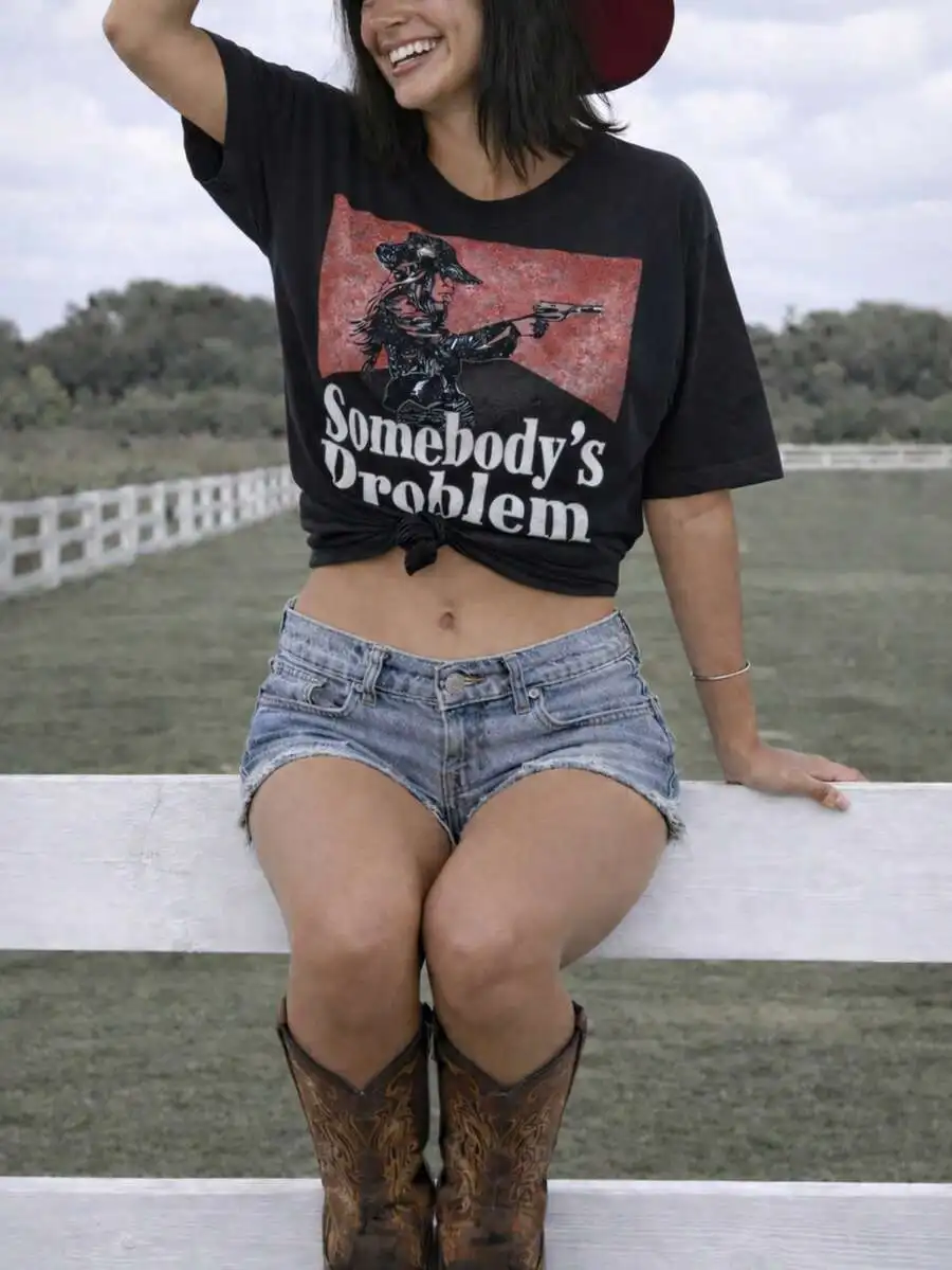 Western Graphic Tee |   Somebody's Problem Cowgirl Vintage Print Women's Casual Loose T-Shirt