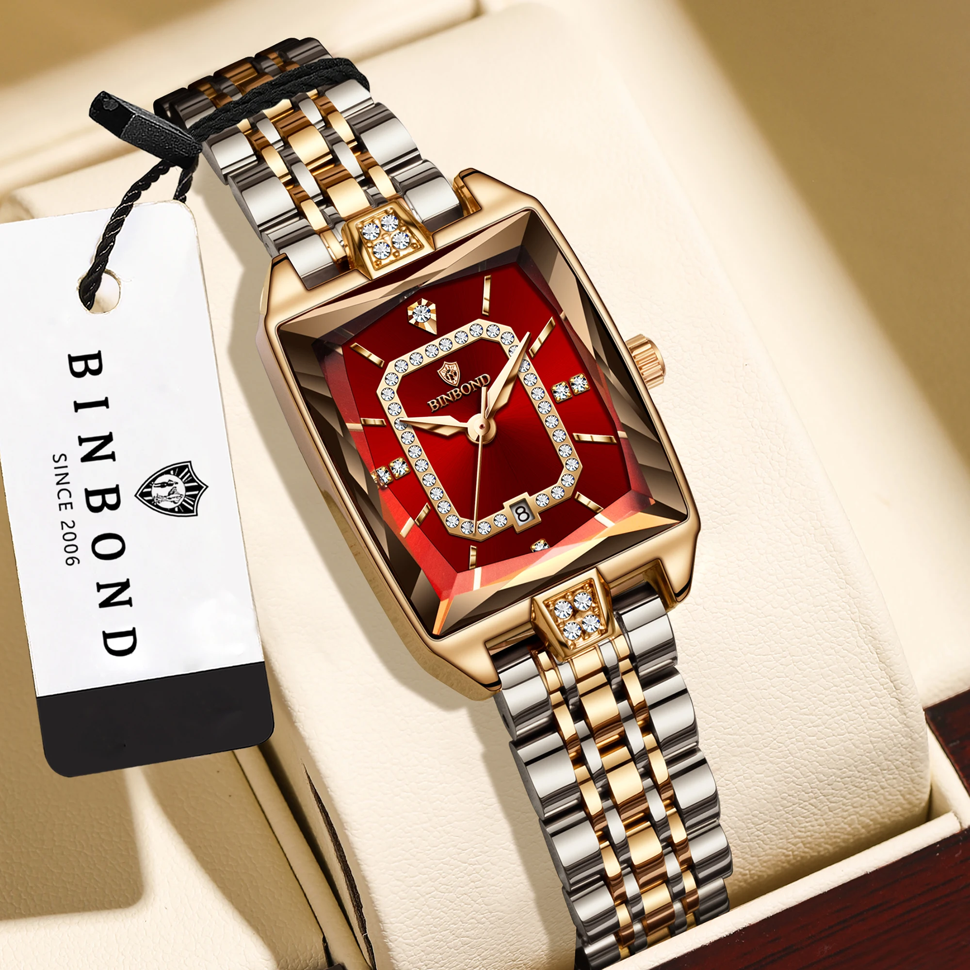BINBOND Zircon Luxury Reloj Original Waterproof Sturdy Auto Date Women's Watches Ladies Wristwatch Quartz Watch For Women
