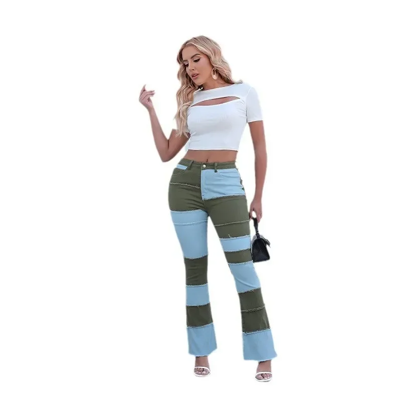 Frauen Jeans Hose mit weitem Bein Denim Washing Flare Hose Loose Fit Taschen Basics gespleißt knöchel langen Stiefel geschnitten lässig mittlere Taille