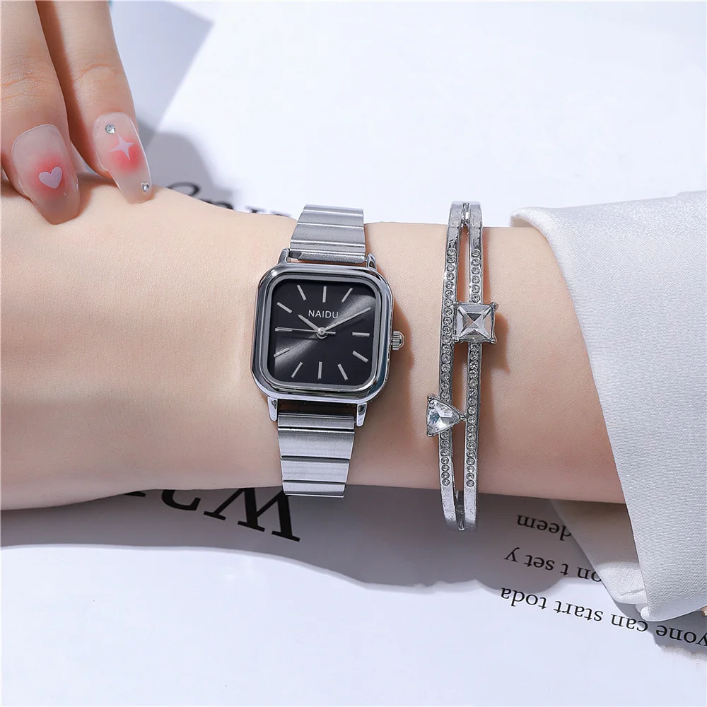 2 قطعة/المجموعة أزياء عالية الجودة بسيطة مربع الطلب المرأة الصلب الفرقة كوارتز اللباس ووتش #4