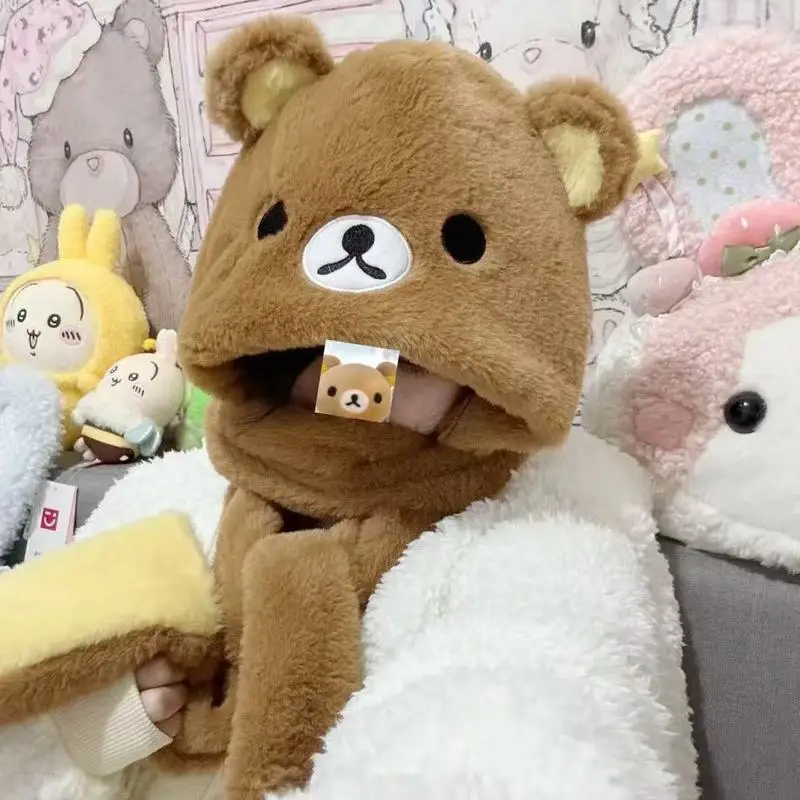 Neue Rilakkuma Winter Drei-Stück Set Hut Schal Handschuhe Integrierte Kapuze Wärme Kälte Widerstand Radfahren Bär Schwester Hut Spielzeug