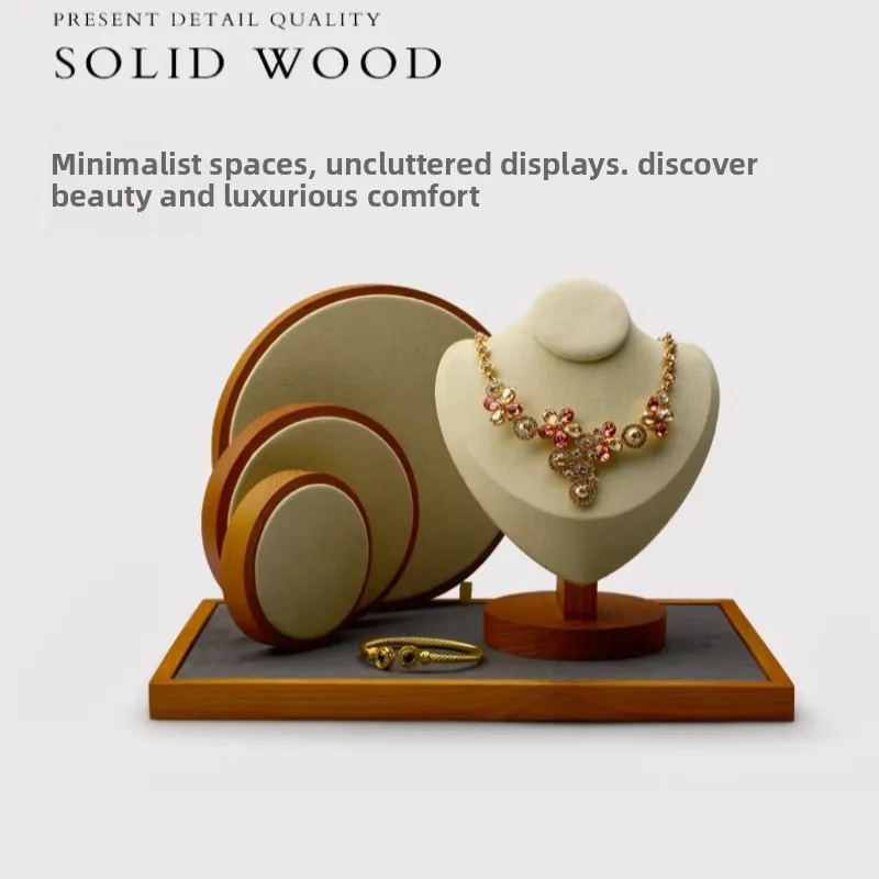 Solid Wood Jewelry Display Tray for Watches Ring Circular Velvet Lined Photography Prop for Store and Desktop Showcase Organizer