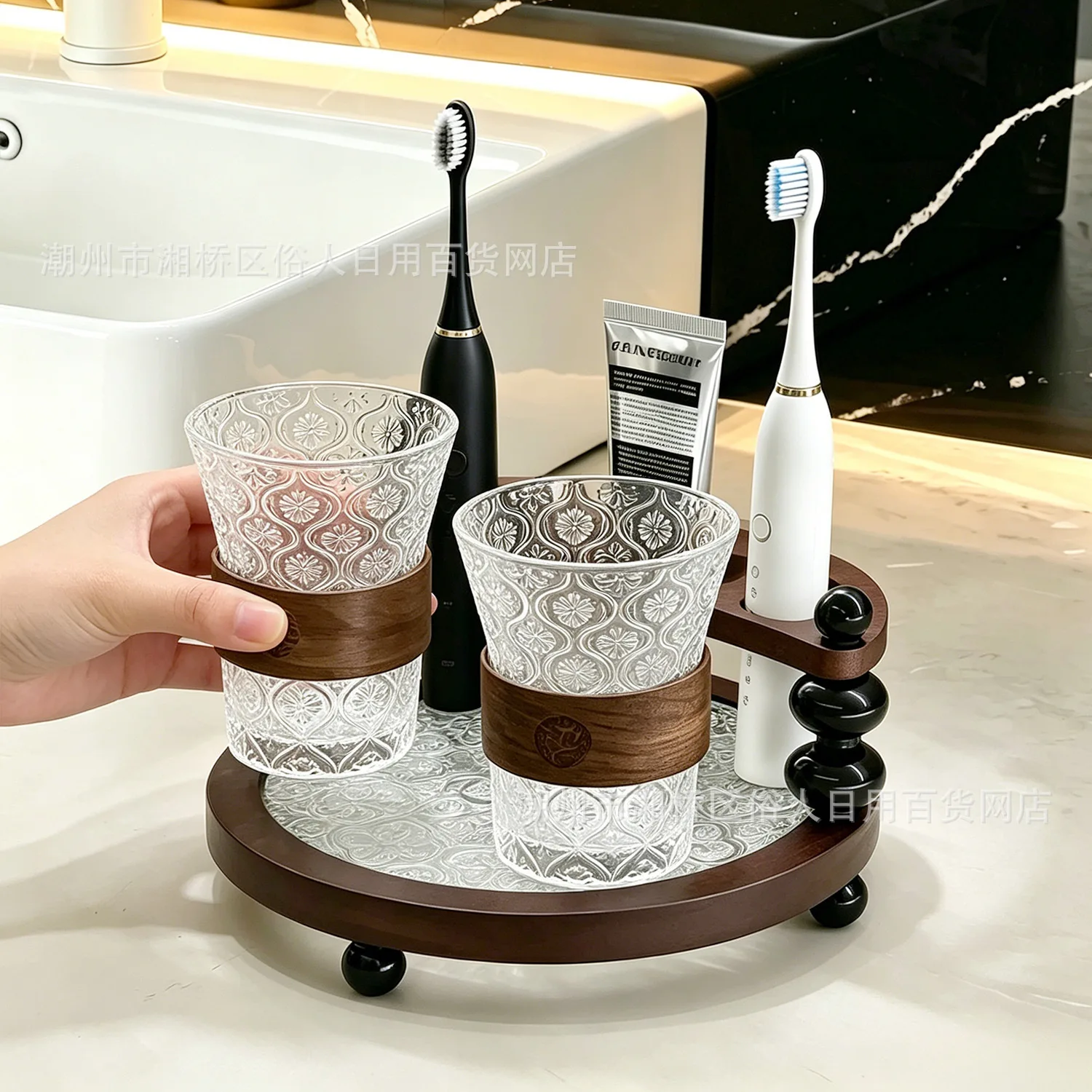 HYS desktop counter-mounted toothbrush placement rack mouthwash light luxury hotel bathroom tooth brushing cup