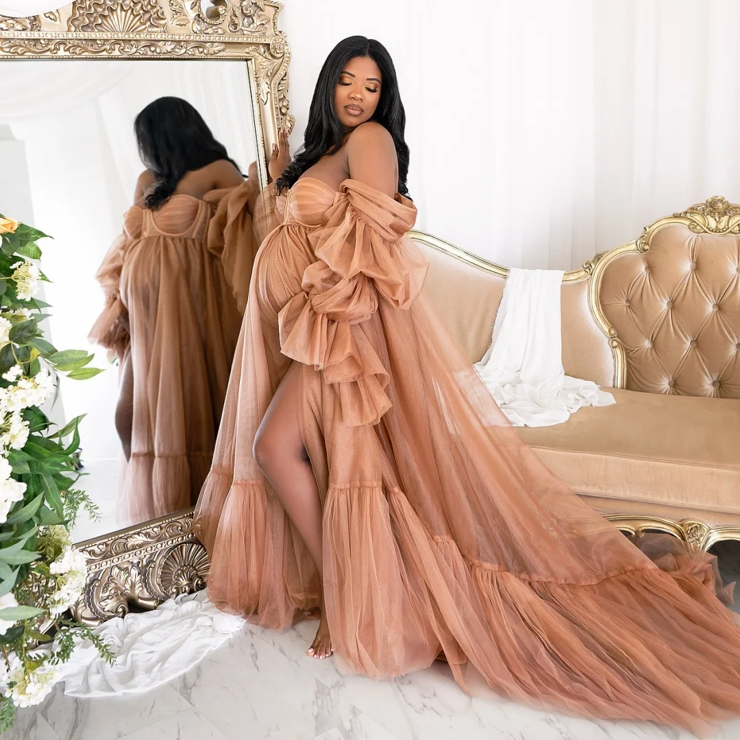 

Brown Prom Dresses Plus Size Boho Maternity Photoshoot Dress Tulle Pleat Baby Shower Gown Slit Photography Props Customized