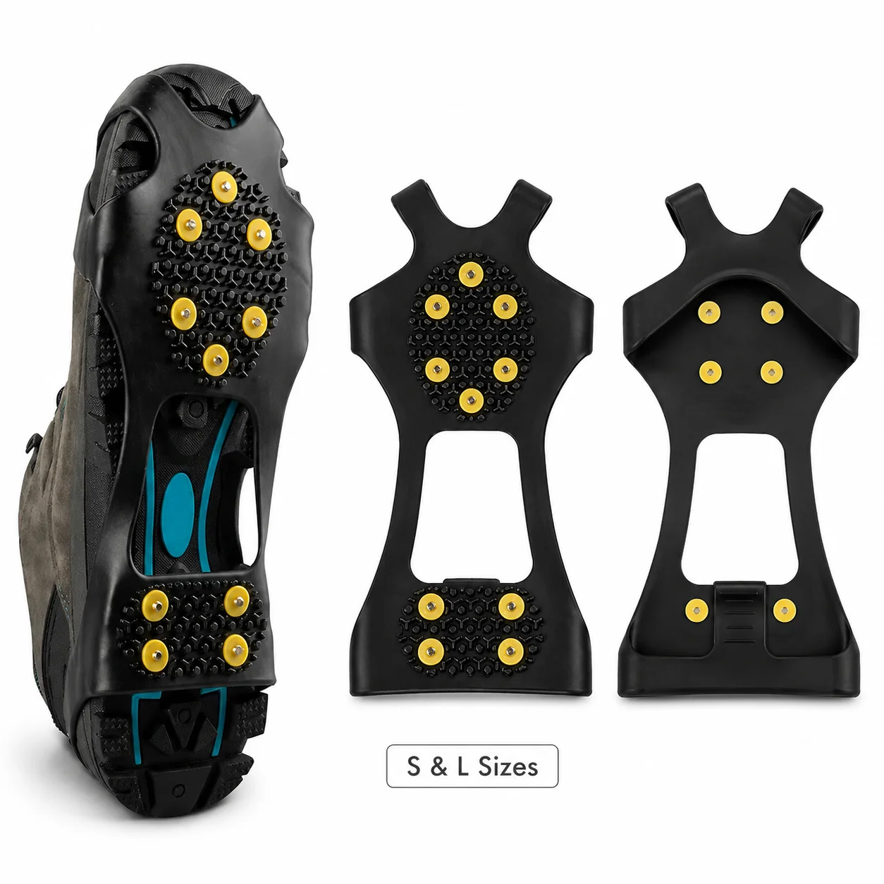 10-Spike Ice Cleats for Shoes, Anti-Slip Traction Grips for Snow and Ice, Stretch-On Crampons for Hiking, Walking, Boots, S & L.