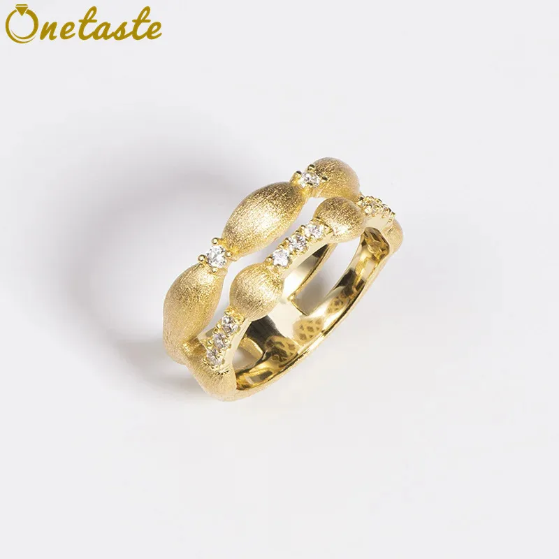 Italian Luxury 925 Sterling Silver Gold Plated Brushed Duet Band Rings For Women Cubic Zirconia Puffy Statement Ring Dainty Gift