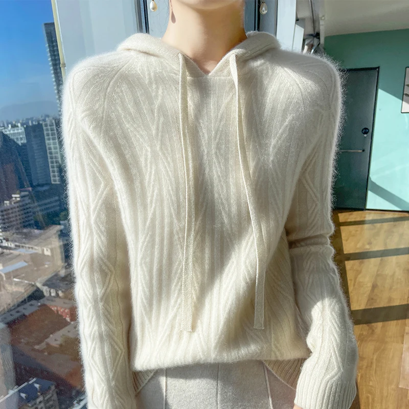 

Autumn And Winter New Women's Wool Hoodie Thickened White Sweater Cashmere Knitted Bottoming Shirt
