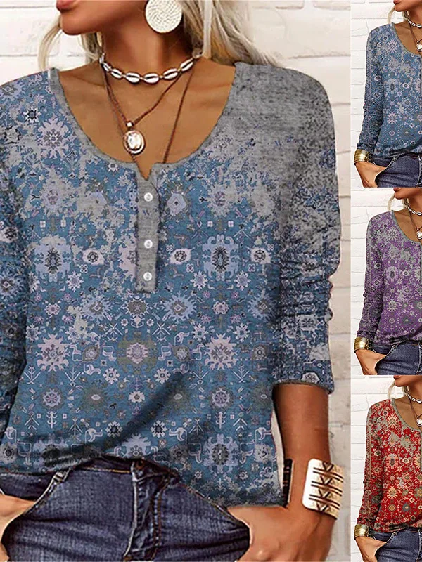 여성용 긴팔 크루넥 티셔츠 버튼업 기하학적 꽃무늬 프린트 스트리트 스타일 루즈핏 봄 시즌 캐주얼웨어