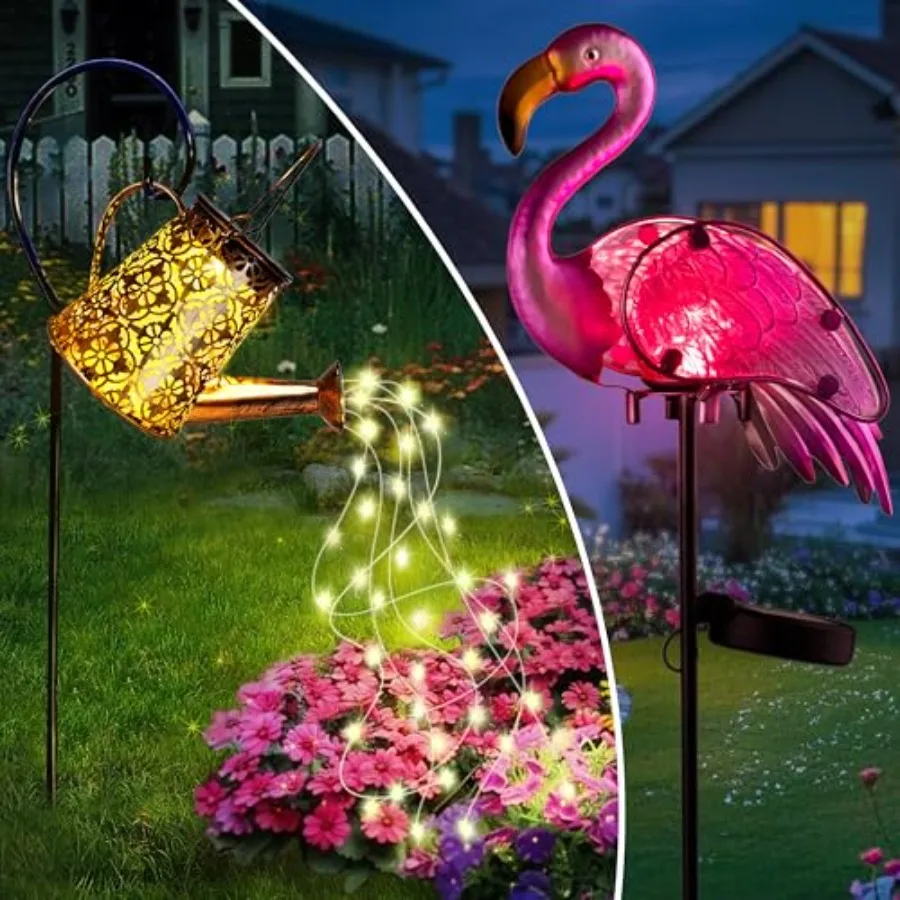 

Солнечная лейка для сада (1 шт.) и декоративная фигурка фламинго на солнечной энергии (1 шт.) для двора, сада, патио