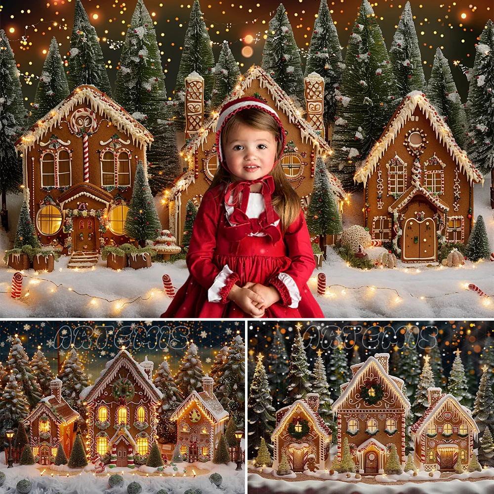 Winter Gingerbread Christmas Village Backdrop Gingerbread Houses Lights Trees Twinkling Stars Background Photo Studio Photocall