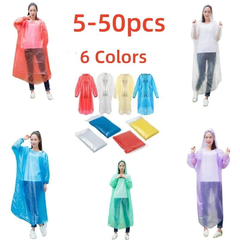 5-50pcs Disposable Rain Ponchos Raincoat with Hood Adults Emergency Waterproof Raincoat for Camping Hiking Sport Outdoors