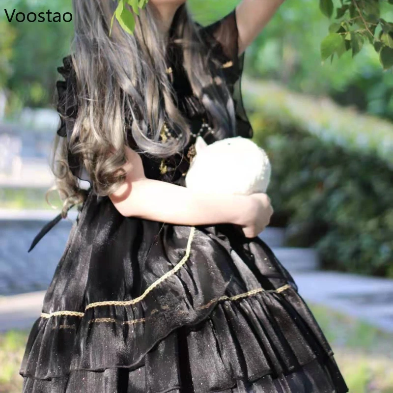 Giapponese dolce notte artica Lolita vestito da principessa ragazze carino Chic volant fiocco di pizzo abiti da festa donne Kawaii blu Mini abiti