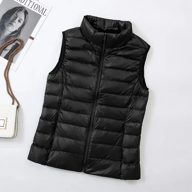 Winter Women Light White Duck Down Vest Warm Sleeveless Waistcoat Parka Female Stand Collar Down Coat Short Tops