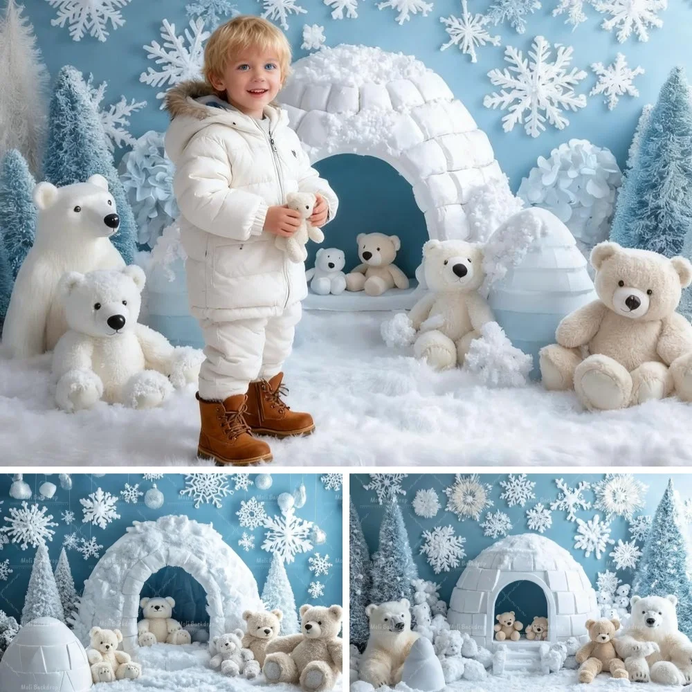 

Christmas Snow House Photography Background Snowy Cute Bears Ice Xmas Tree Kids Birthday Portrait Backdrop Photozone Photo Booth