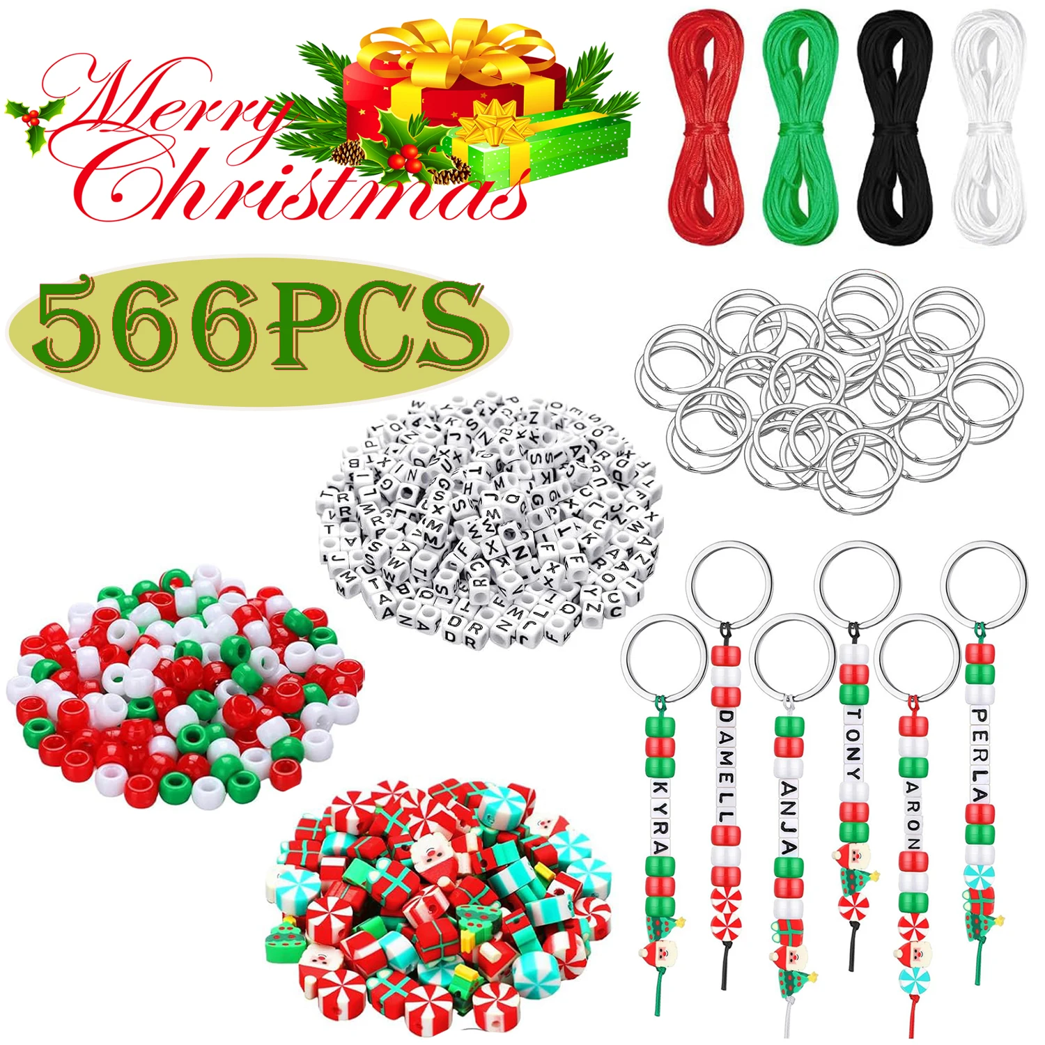 

566pcs DIY Christmas Keychain Kit Red And Green Beaded Accessories Polymer Clay Letter Accessories DIY Bag Pendant Keychain for