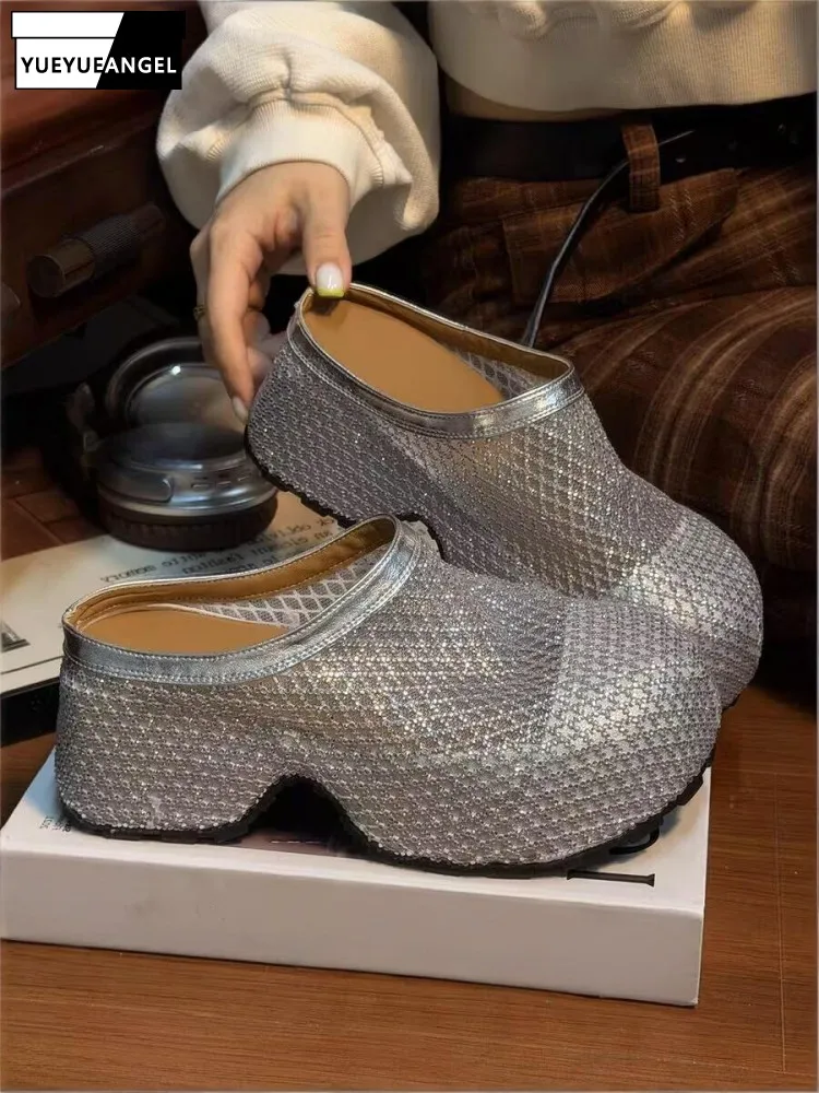 

Summer Women Diamond Shiny Close Toe Slippers Thick Soled Slip-on Height Increasing Slides Shoes Daily Casual Footwear Hot Sale