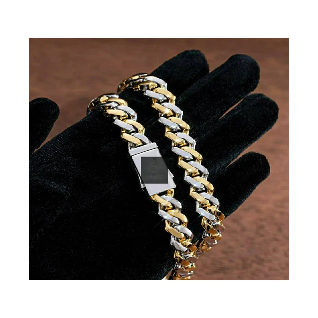 Arrival 2 Tone 14mm Miami Cuban Link Chain Vvs Moissanite Diamond Stubbed 925 Sterling Silver Gold Plated at Low Price