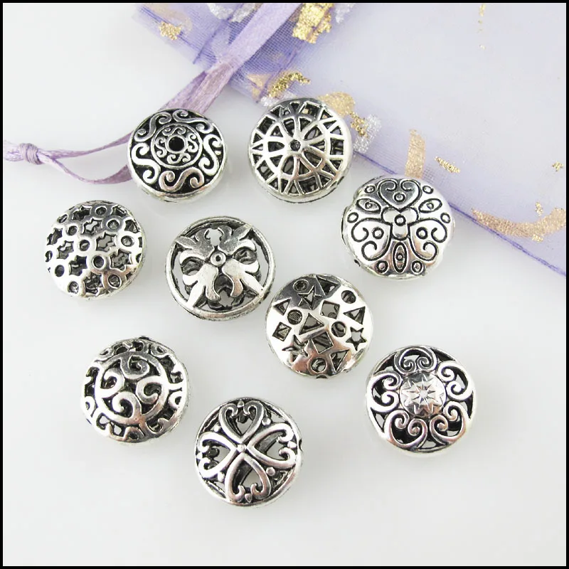 Fashion New 8Pcs Round Flat Flower Heart Stare Knot Morning Glory Charms Tibetan Silver Plated Spacer Beads