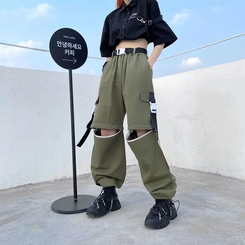 Detachable Y2K Unisex Men Pants Ribbons Zipper Knee 2 Ways Wear Male Pantalon Cargo Design Lovers CP Handsome Chic Streetwear