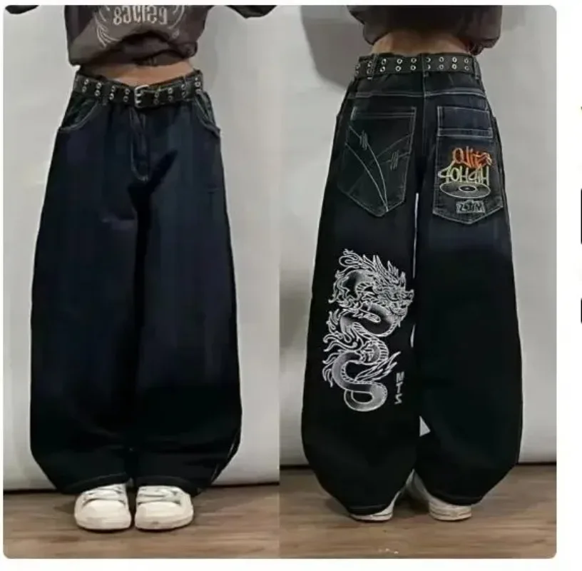 

New Harajuku Retro y2k Street New Fun Design Embroidery Loose Black Denim Trousers Casual High Waist Loose Straight Joker Couple