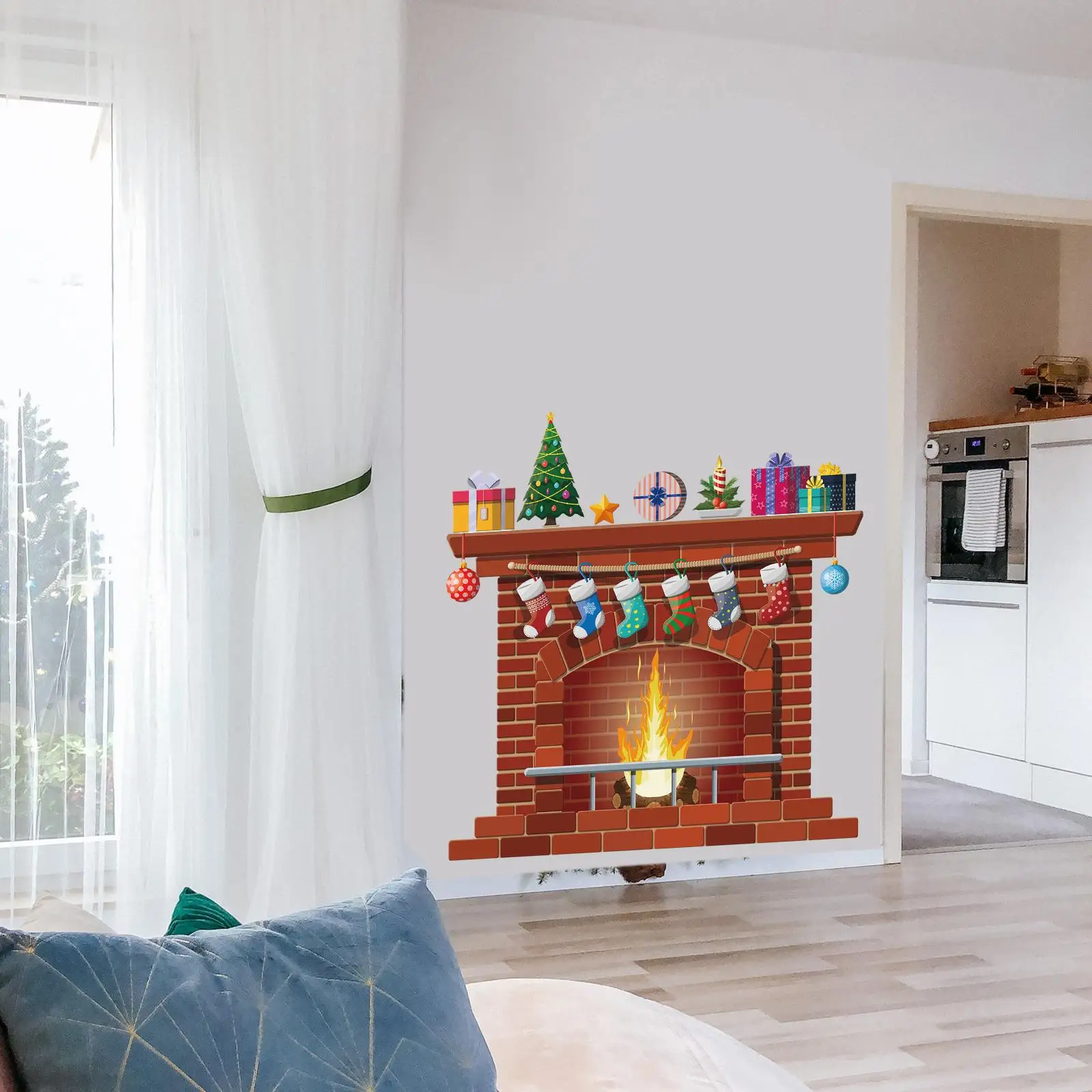 Christmas Fireplace Wall Sticker Mural Wallpaper Large Size Window Decal for Birthday Indoor Holiday Party Home Decoration