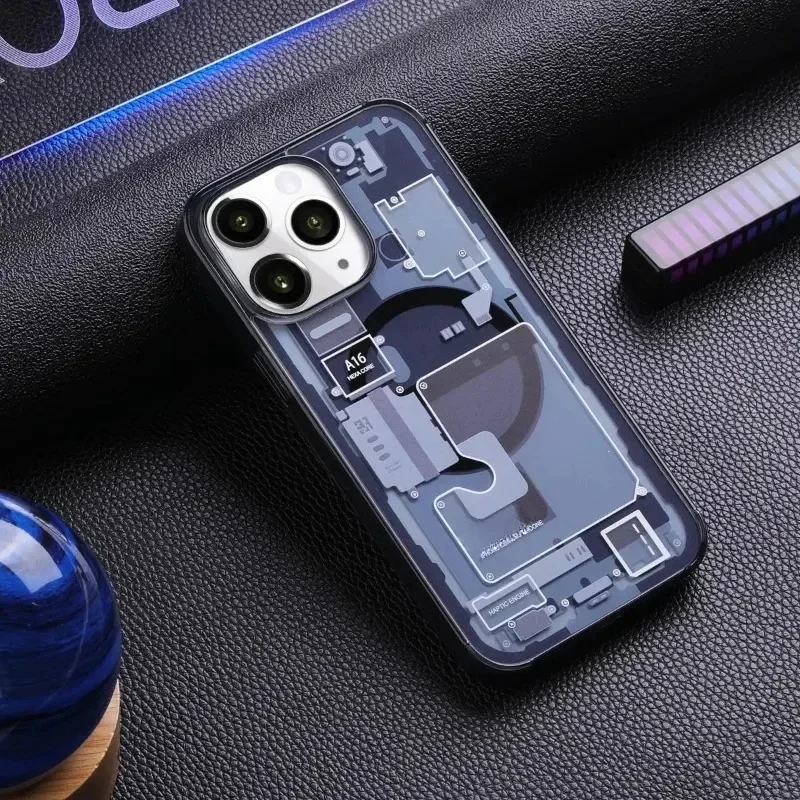 For case Magnetic Geometric Elements Phone Case For Iphone 15 11 12 13 14 Pro Max Plus Transparent Back Cover Magsafe For IPHON