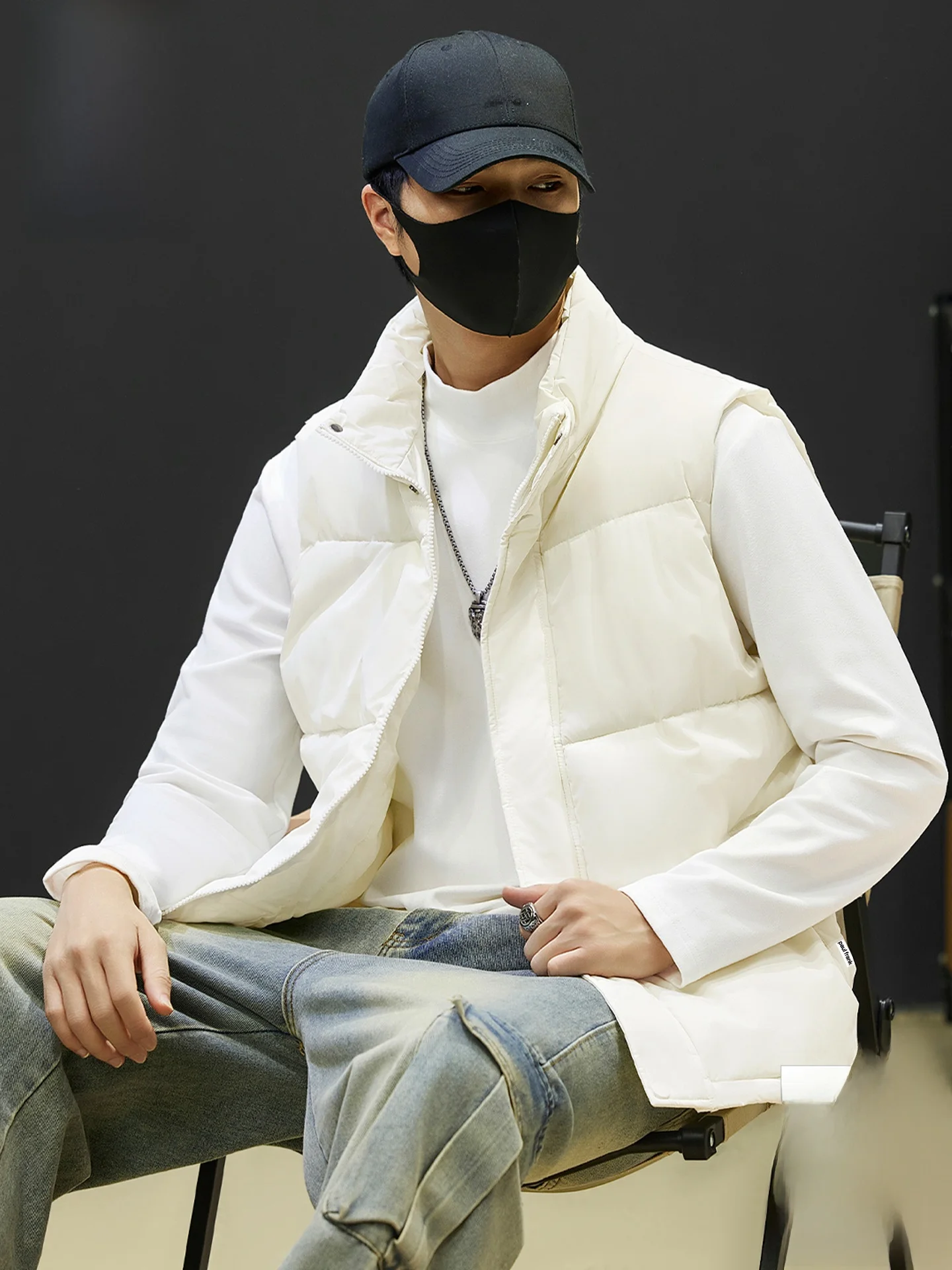 

Thiened Winter Jaet Men's Warmth Se Pin Collar Cotton Vest Youth Faion Outerwear Drape Loose Fit Zipper