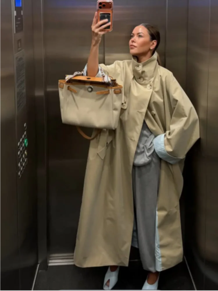 Fashion Khaki Oversized Long Trench Coat Women Chic Lapel Collar Double Breasted Striped Side‑slit Autumn Daily Casual Outerwear