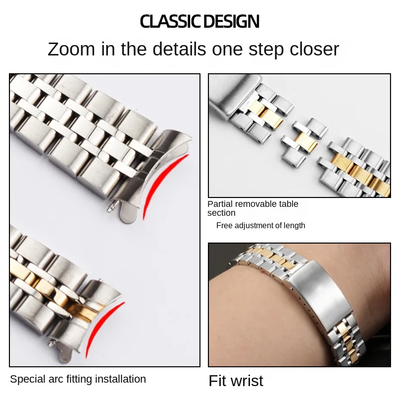 Curved end Watch Strap 13mm 17mm 19mm 20mm Silver golden Stainless Steel Watchband For Tudor Hydro Wrist Bracelet Folding Clasp