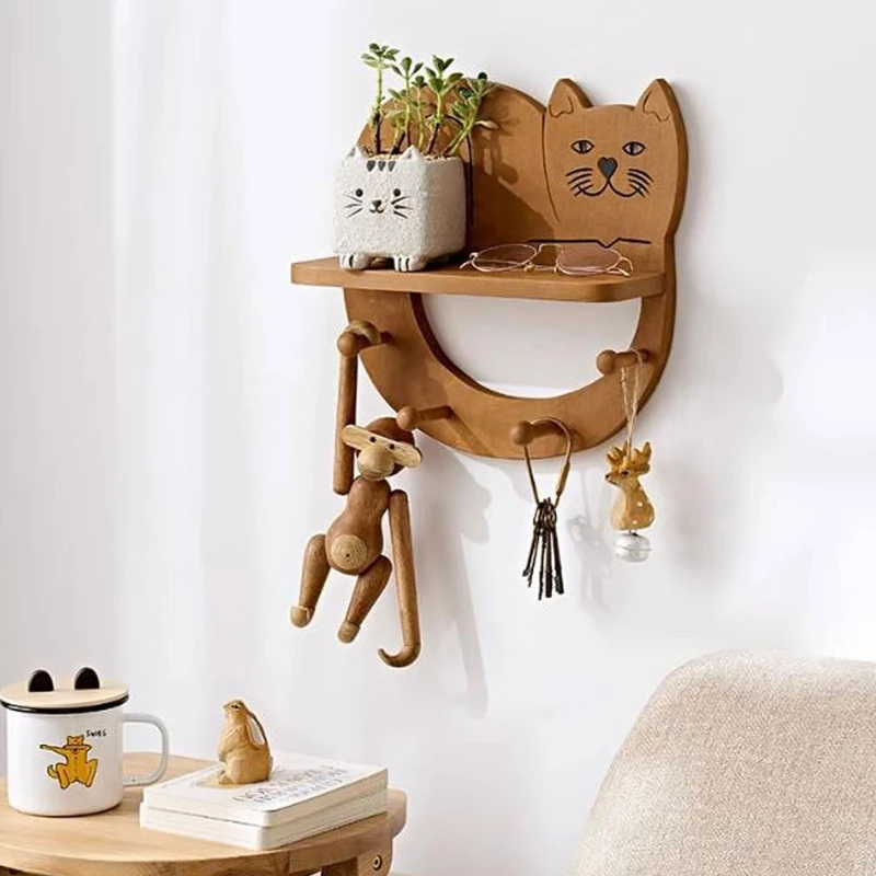 Solid Wood Storage Shelves Hooks Cute Cat Multifunctional Shelves Home Wall Hanging Kitchen Storage Accessories Home Decoration