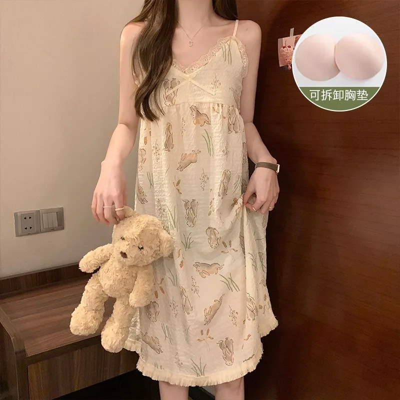 Nightdress Female Summer New Japanese Girls Short Sleeve Plus Size Princess Wind Striped Floral Cartoon Home Wear Loose Dress