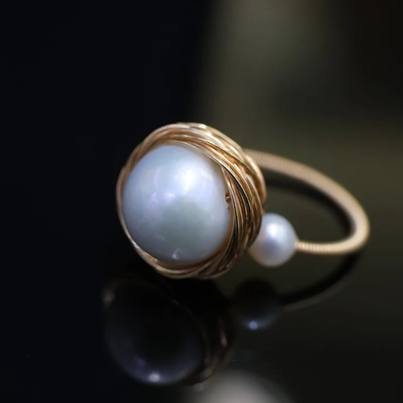

SGARIT 14K Gold Filled Classic Retro Natural Freshwater Double Pearl Ring Adjustable size Gift for Women 8456
