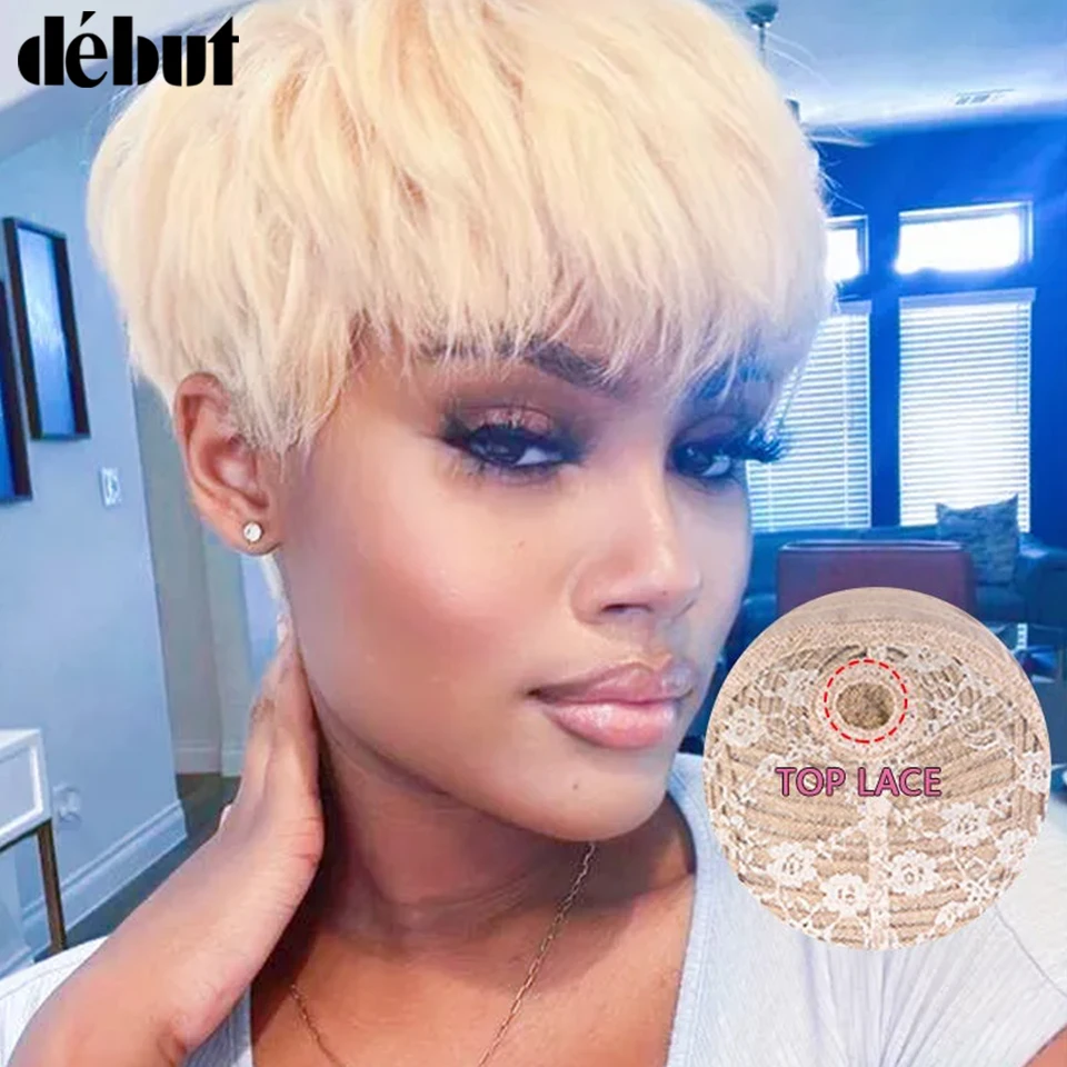 613 Honey Blonde Color Wig Short Bob Pixie Cut Top Lace Transparent Brazilian Human Hair Wig With Bangs For Black Women