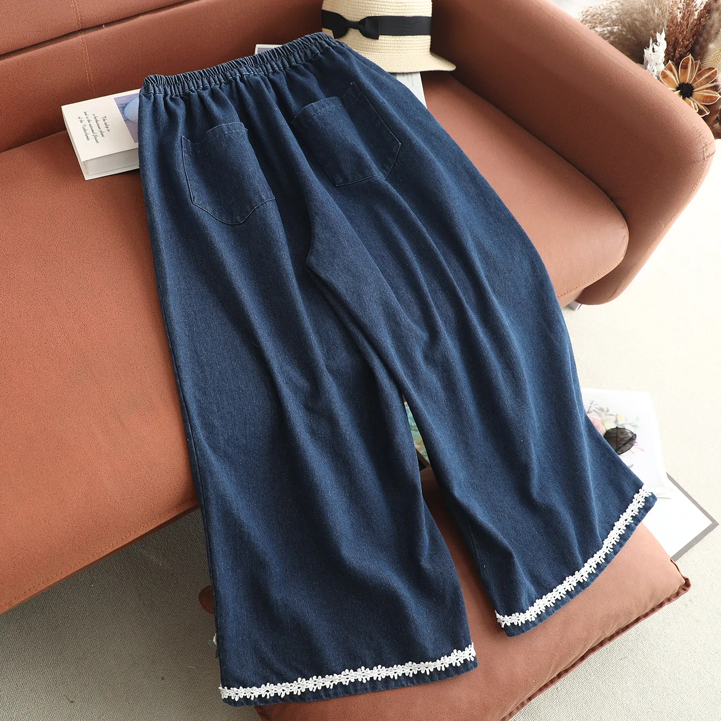 Japanese Sweet Mori Girl Cartoon Embroidery Appliques Denim Wide Leg Pants Women Elastic Waist Casual Loose Straight Jeans Pants