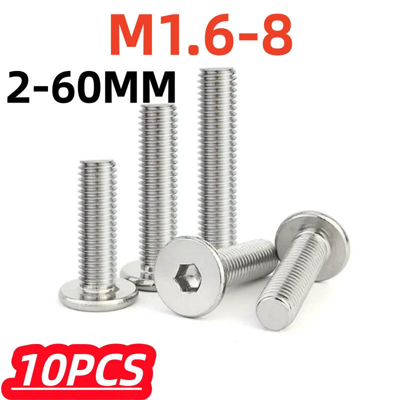 10Pcs M1.6 M2 M2.5 M3-M8 304 Stainless Steel Support Hex Hexagon Socket Ultra Thin Flat Wafer Allen Head Bolt Screw Customize
