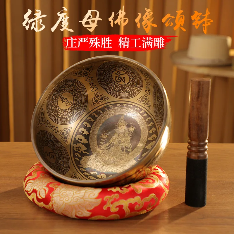 Buddha Statue Green Tara Singing Bowl Handmade Copper Sound Therapy Yoga Meditation Meditation Set
