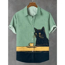 Men's Chilling Coffee Black Cat Print Casual Linen Blend Shirt Harajuku Shirts Hipster Button Down Artistic Shirt Casual Shirts