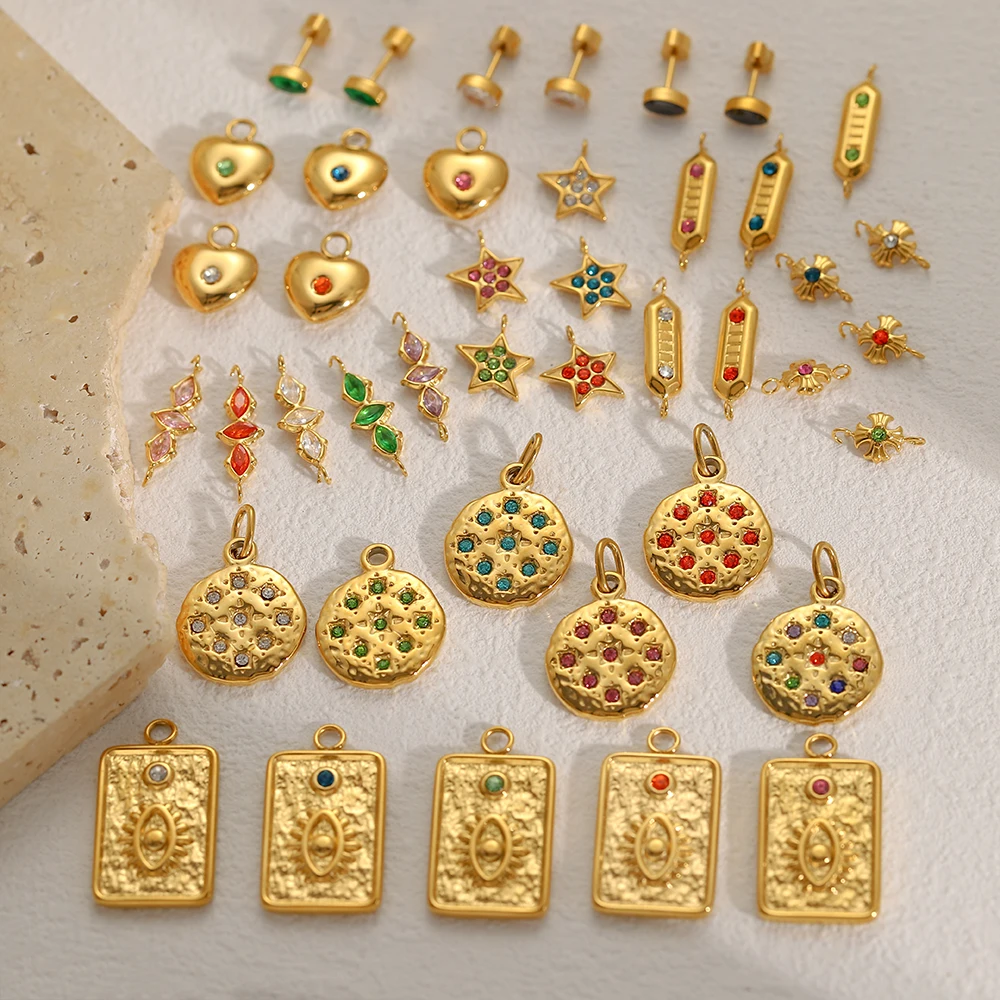 3PCS/LOT CARLIDANA Gold-Plated Steel Charm Earrings Colorful CZ Heart Star Tarot Charms for DIY Jewelry