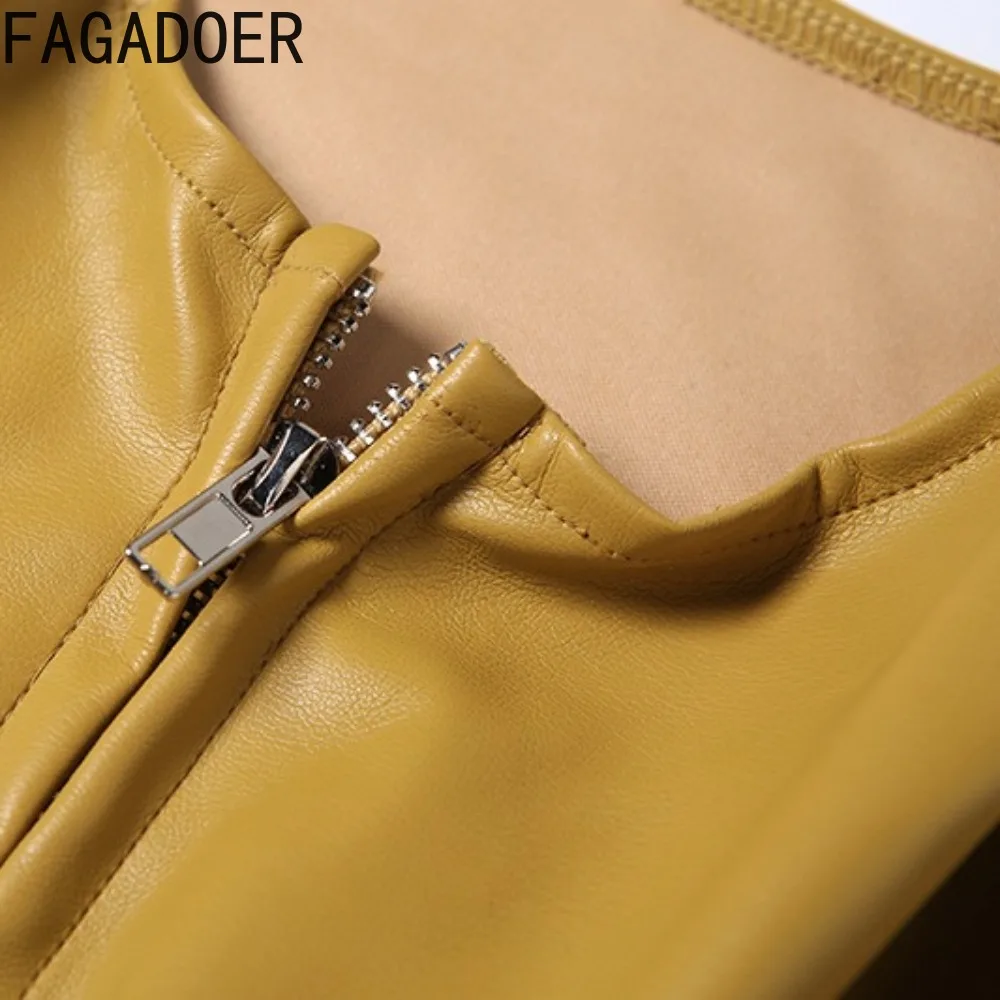 FAGADOER Fashion 2 Pieces Set for Woman Solid Color Leather Patchwork Long Sleeves Crop Top + Pants Matching Female Streetwear - Image 6
