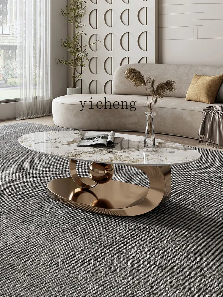 ZK Light Luxury Stone Plate Coffee Table Living Room Home Creative Metal Stainless Steel High-End Oval Coffee Table