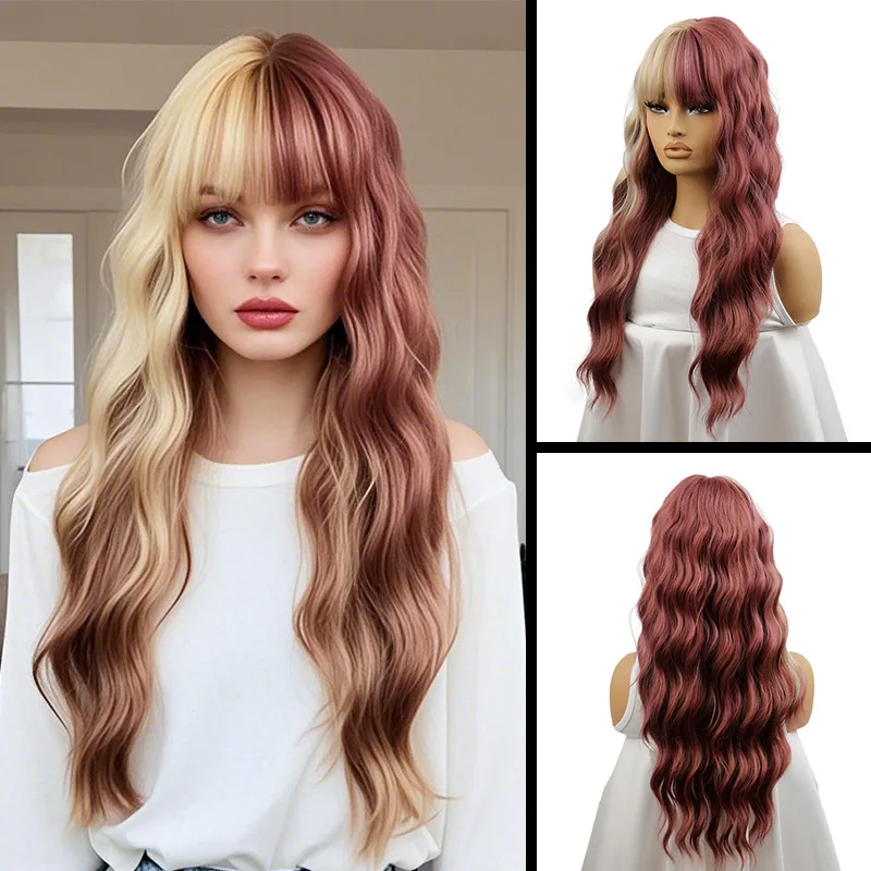 

European and American splicing wig female Qi bangs big waves chemical fiber full headgear intercolor