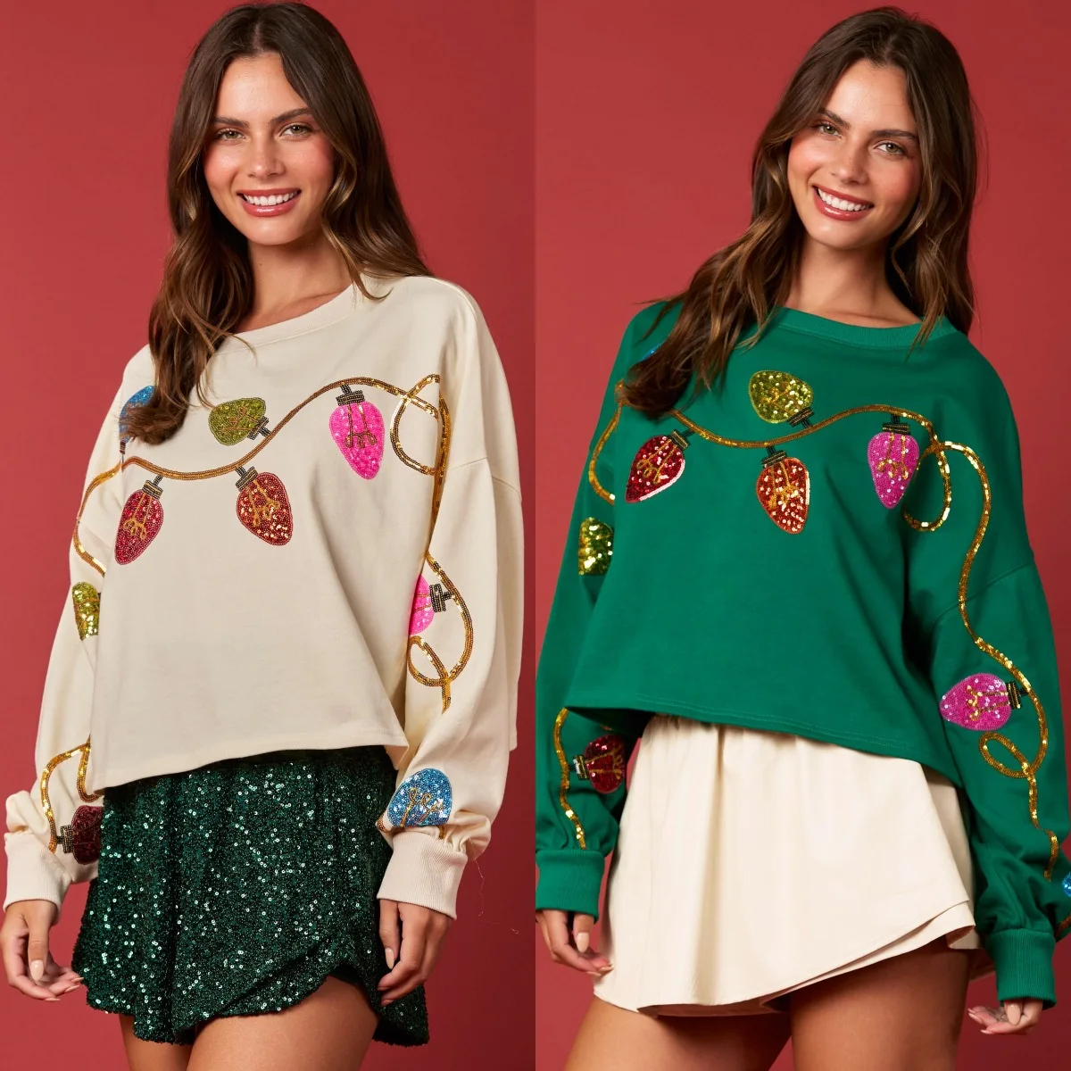 Jastie 2025 New Winter New European And American Christmas Bell Sequin Top Casual Long Sleeve Short Sweatshirt Women Tops