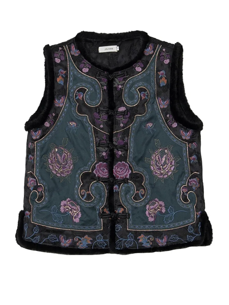 Retro Ethnic Style Embroidered Sleeveless Waistcoat Warm Vest Suit Coat Women