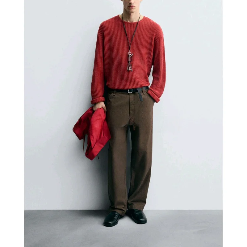 

New Autumn Men's Casual Long Sve Knitted irt Hollow out Texture Loose round Ne Polyester Fiber Daily Wear Youth Faion