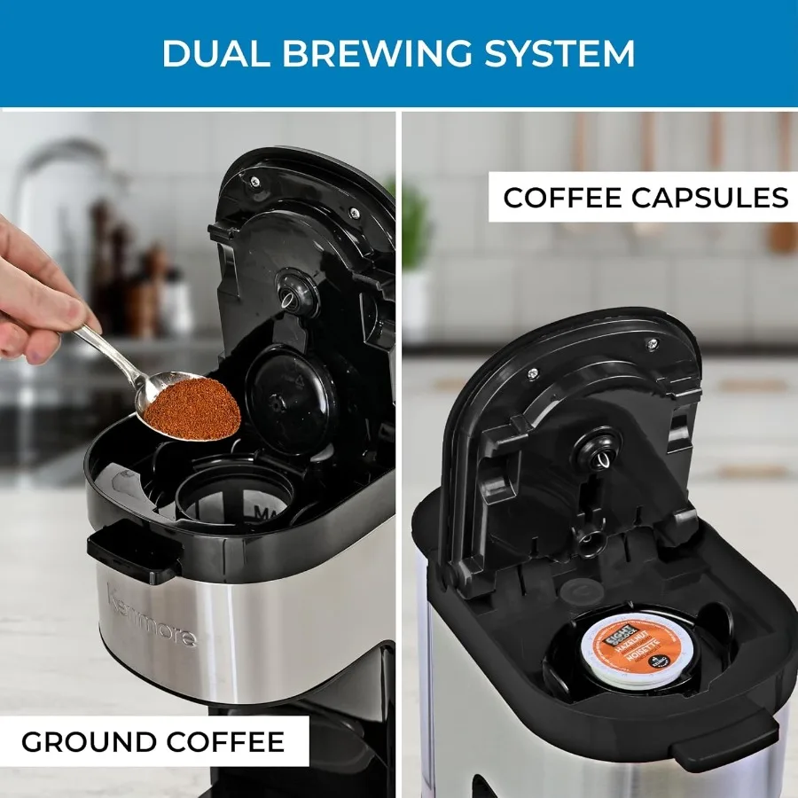 켄모어 싱글 서브 커피 메이커 스테인리스 스틸 여행용 머그 캡슐/포드 분쇄 커피 브루잉 K컵 호환 핫 아이스 커피